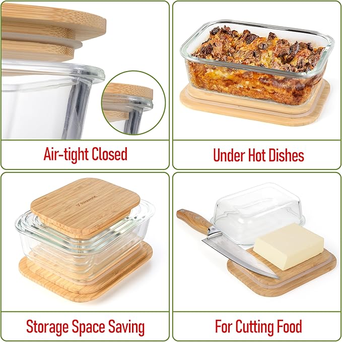 Set of 4 Stackable Space-Saving Nesting Glass Containers with Airtight Bamboo Lids - Lunch, Meal & Food Prep - Microwave & Oven Safe BPA Free Durable Heat Resistant Inert Borosilicate Glass - Image 3