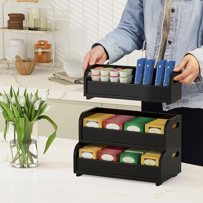 3-Tier Bamboo Tea Bag Organizer, Stackable Tea Holder for Countertop, Black | Tea Box Shelf with Removable Dividers, Wall Mount Large Capacity Tea Organizers and Storage for Pantry Kitchen Office Bar - Image 4