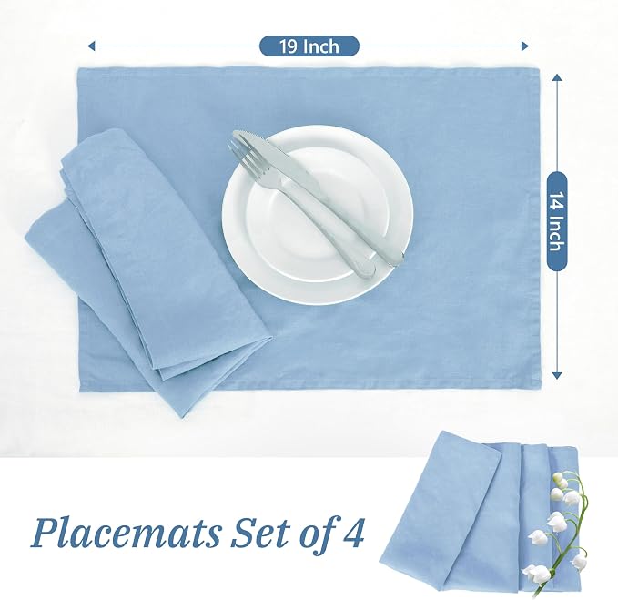 Linen Placemats 14x19Inch Set of 4,100% Linen Placemats Natural Rustic Tablemats for Easter,Mother's Day,Summer,Handcrafted from European Flax(Blue Bell) - Image 4