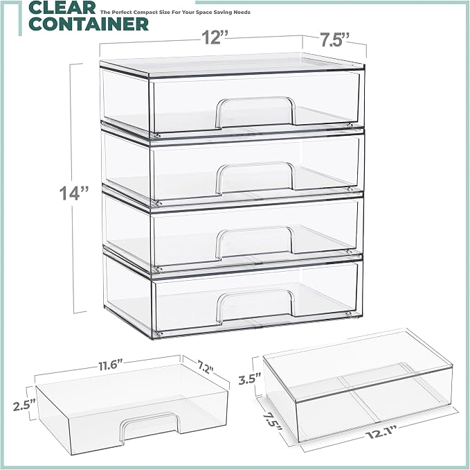 Sorbus Wide Stackable Acrylic Storage Drawers, 4 Pack Clear Plastic Organizer Bins for Baby Bottles, Makeup, Bathroom, Vanity &Countertop Organization, Pull-Out Drawer Design for Cabinets & Pantry - Image 3