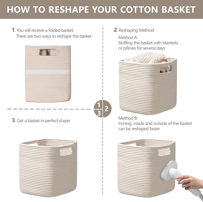UBBCARE Set of 3 Cotton Rope Basket 11 X 10.5 X 10.5 Inches, Woven Storage Baskets for Shelves, Organizing with Handles, Cube Storage Bins for Storage Books, Magazines, Beige - Image 7