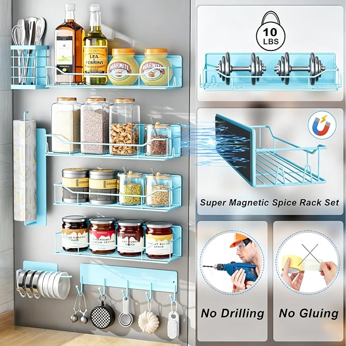 Magnetic Spice Rack for Refrigerator,8 Pack Magnetic Fridge Shelf, Moveable Spice Organizer with Hook Rack, Paper Towel Holder, Utensil Holder,cup lid holder, Super Magnetic Rack Set (Blue) - Image 4