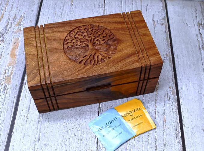Wooden Tea Box - Tea Box for Tea Bags Organiser - Engraved Hardwood Tea Chest with 6 Compartments - Tea Storage Box Multi Functional - Wood Tea Box Organiser - 10 x6 inch (6 compartment box) by IndiaHouse