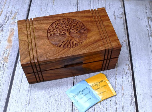 Wooden Tea Box - Tea Box for Tea Bags Organiser - Engraved Hardwood Tea Chest with 6 Compartments - Tea Storage Box Multi Functional - Wood Tea Box Organiser - 10 x6 inch (6 compartment box) by IndiaHouse