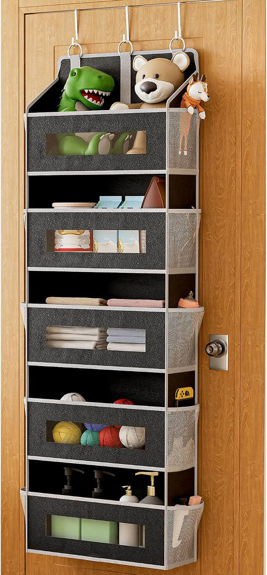 5 Tier Over The Door Organizer - Large Capacity Behind Door Hanging Shelves with 10 Mesh Pockets and Clear Windows, Closet Organizers and Storage for Bathroom, Bedroom, Nursery, Black by Unknown