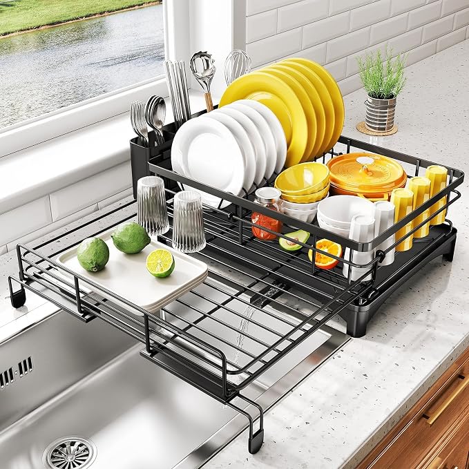 Dish Drying Rack, Extendable Dish Rack, Large Sink Drying Dish Drainer for Kitchen Counter, Carbon Steel Dish Strainer with Utensil Holder,Black by Unknown