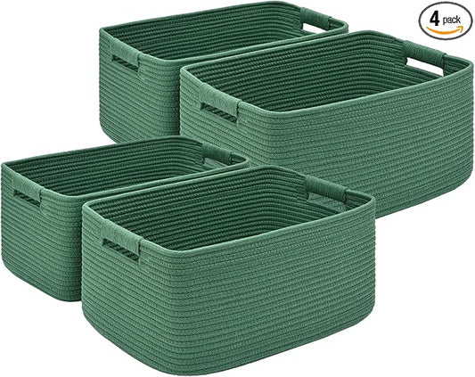 4 Pack Large Storage Basket for Organizing, 17.5"x13"x7" Woven Basket for Shelves, Closet Cube Storage Bins with Wrapped Handle, Cotton Rope Baskets for Kitchen, Clothes, Toys(Green) by Degeyoyo