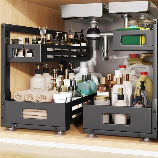 2 Pack 21IN-Depth Under Sink Organizer,Pull Out Cabinet Organizer With Smooth Cylindrical Rail,Metal Slide Out Drawer for Kitchen Bathroom Laundry,8-Level Tool Free Height Adjustable-Black by UnderSinkOrganizer