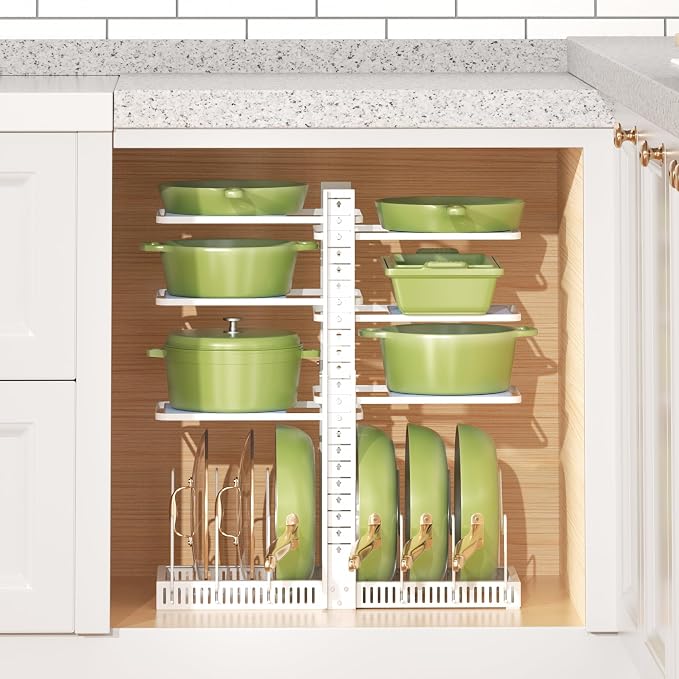 LAMU Pots and Pans Organizer under Cabinet, Pan Pot Organizers inside Cabinet with 6 Shelves and Pot Lid Organizer, Adjustable Height Up to 24", Holds up to 12 Pans, Lightweight Pots, White - Image 9