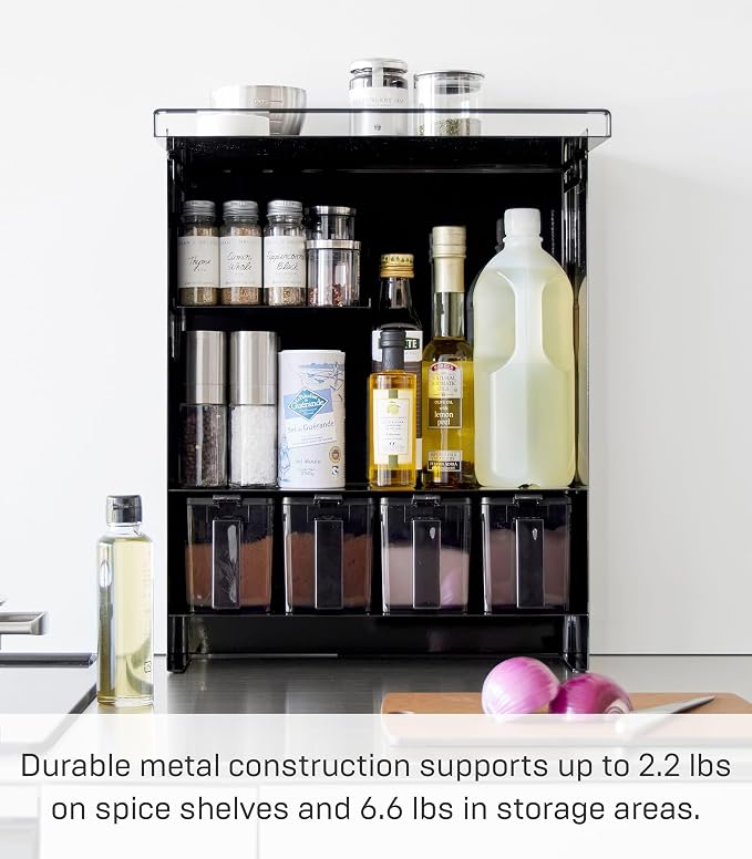 YAMAZAKI Home Spice Rack, Large Multi-Tier with Door Metal Shelves, Black | Large kitchen seasoning and condiments spice rack features a concealable design with a door. A smart fit for modern homes. - Image 5
