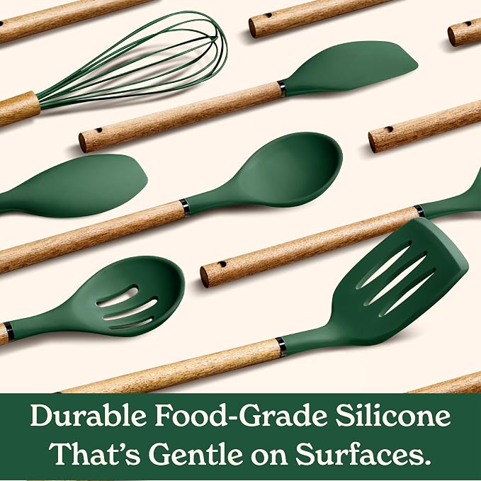 Country Kitchen Non Stick Silicone Utensil Set with Rounded Wood Handles for Cooking and Baking, 8 Piece Set, Green - Image 4