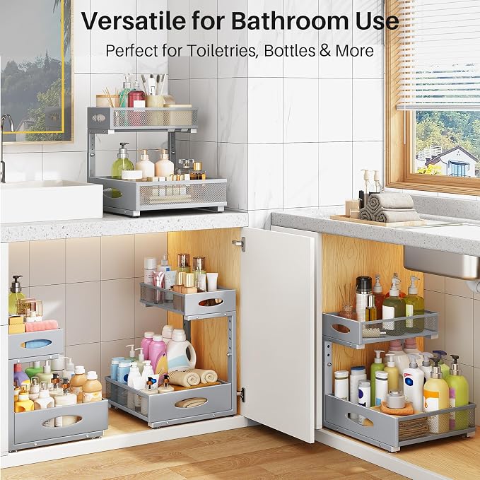 Under Sink Organizer, 2 Pack 2 Tier Pull Out Under Cabinet Organizer Shelf with Pad for Framed Cabinets, Metal Slide Out Under Sink Storage, Mesh Sliding Drawers for Kitchen Bathroom Laundry, Grey - Image 9