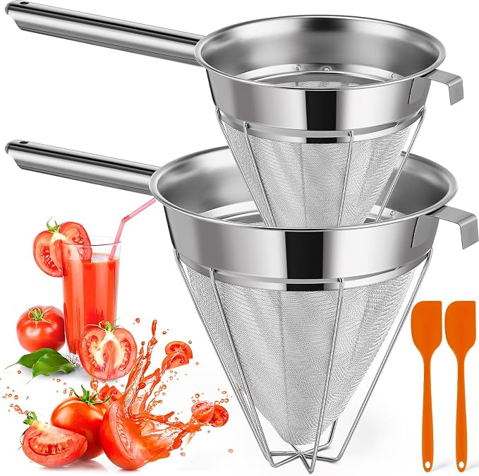 Nuogo 2 Set Stainless Steel Chinois Strainer Fine Mesh Metal Food Bouillon Sieve Strainer Cone Fine Mesh Strainer with Handle and Silicone Spatula for Sauce Jam Jelly Tea(10 Inch+8 Inch) by Nuogo