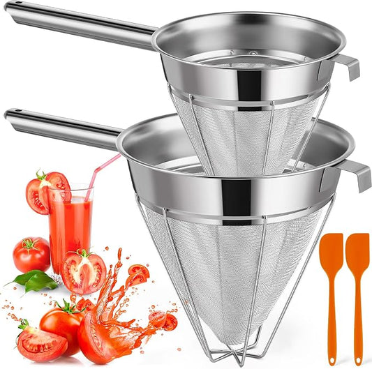 Nuogo 2 Set Stainless Steel Chinois Strainer Fine Mesh Metal Food Bouillon Sieve Strainer Cone Fine Mesh Strainer with Handle and Silicone Spatula for Sauce Jam Jelly Tea(10 Inch+8 Inch) by Nuogo
