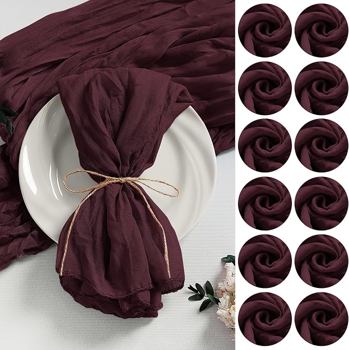 LZY 120 Pack Gauze Cheesecloth Napkins 20x20 Inch Dinner Cloth Napkins, Soft Boho Table Napkins Rustic Wrinkled Cheese Cloth Napkins Bulk for Wedding Party Baby Shower Event Decor (Burgundy) by Lightupyourparty