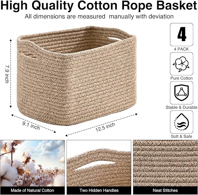 ICERZCZ Small Storage Baskets for Shelves Organizing, Woven Cotton Rope Baskets for Storage, Book Basket, Decorative Shelf Basket, 12.5"Lx9.1''Wx7.9''H (4 Packs) Mixed Brown - Image 3