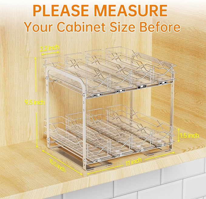 Pull Out Spice Rack,2 Tier Sliding Drawer, Height Adjustable Spice Rack | Chrome, Tape or Screw Mount Available, Fits 4oz Spice Jars Up to 2.0 Inch Diameter for Kitchen Cabinets and Pantry - Image 4