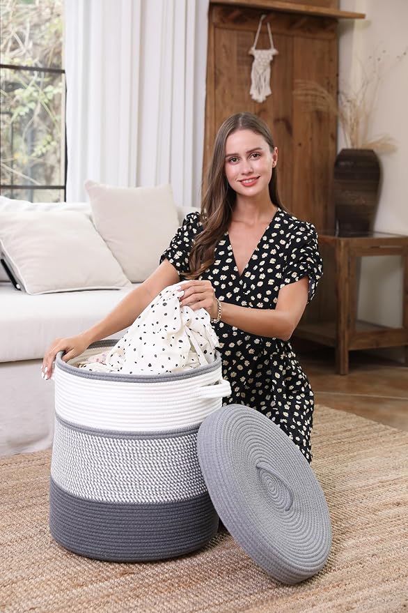 16" x 16" x 18" Extra Large Storage Basket with Lid, Cotton Rope Storage Baskets, Laundry Hamper, Cloth Bin, for Clothes Towels Blankets Pillows Storage in Living Room, White/Grey Mix/Dark Grey - Image 6