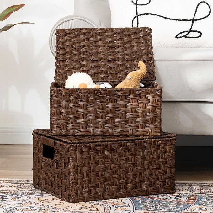 Granny Says Wicker Basket With Lid, Decorative Storage Baskets For Shelves | Woven Baskets With Lids, Wicker Baskets For Storage, Decorative Storage Boxes, Woven Stackable Basket with Lid for Organizing - Image 2