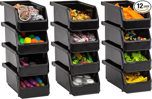 Small Stackable Plastic Storage Bins, 12-Pack, Black | Open-Front Stackable Bins For Garage, Pantry, Closet & Office, 7"L X 4"W X 3"H, Nests When Empty, Durable Plastic, by Akro-Mils