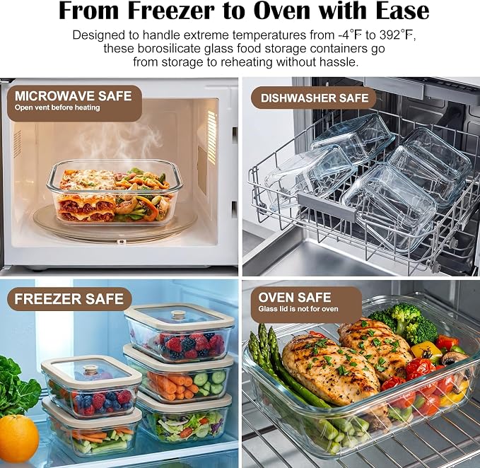 5 Pack 35 oz Glass Meal Prep Containers, Plastic-Free Glass Food Storage Containers with Lids, 4.4 Cups Airtight Glass Lunch Containers for Leftovers, Microwave, Oven, Freezer and Dishwasher - Image 6