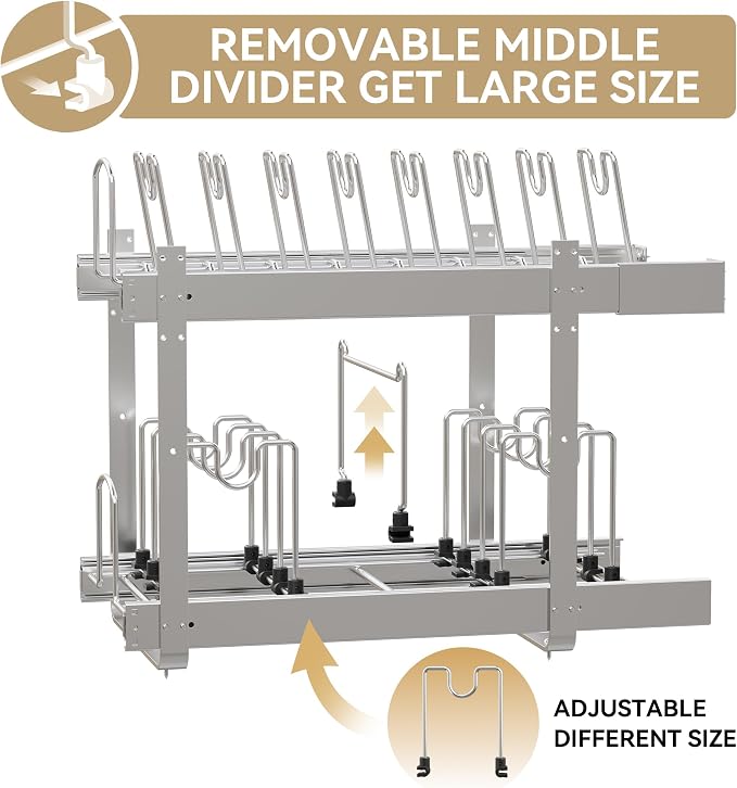 2-Tier Pots and Pans Organizer Under Cabinet Kitchen 12" W *22" D | Pull out Cabinet Organizer for Pots, Pans, and Lid Cookware, Adjustable Heavy Duty Wire Pan and Pot Rack, Full-Extension Rail - Image 4