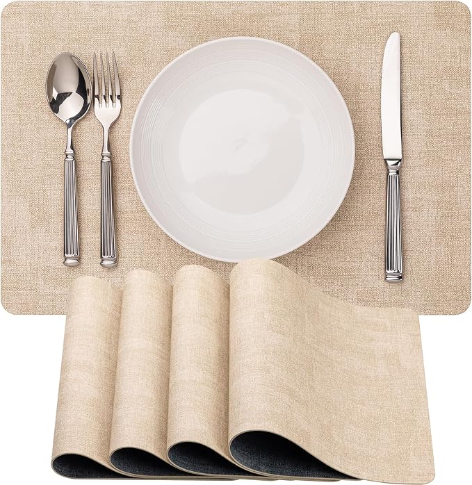Baroyal Faux Leather Placemats Set of 4 Vinyl Washable Wipeable Table Mats for Kitchen Dining Table Heat Resistant Waterproof Modern Indoor/Outdoor Placemats Non-Slip Easy Clean Place Mats (Beige) by BAROYAL