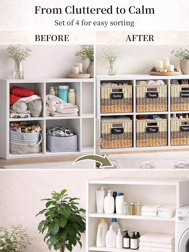 12 Inch Cube Storage Bins, 4 Pack Wicker Storage Baskets, Natural | Water Hyacinth Cubby Baskets, Square Handwoven Storage Bins, Foldable Shelf Baskets with Handles for Home, Organizer, decor - Image 6