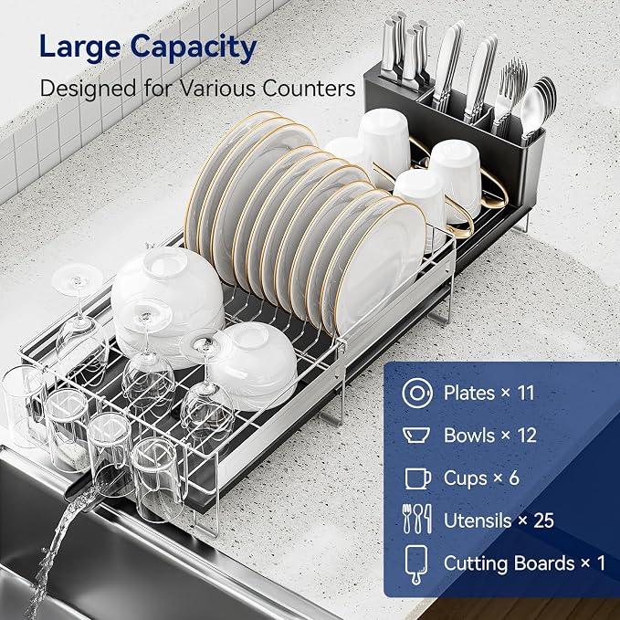 Stainless Steel Dish Drying Rack - Expandable Dish Racks for Kitchen Counter Organizer with Drain Board, Detachable Utensil & Cup Holder, Dish Drainer for Small Kitchen Counter, Black - Image 5