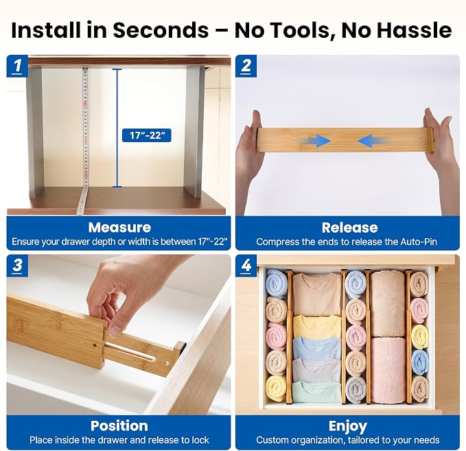 4 Pack 2.36" Bamboo Drawer Dividers, 17-22" Expandable Kitchen Organizers | Adjustable Spring-Loaded Tension Separators with Foam Pad for Clothes, Utensils, Kitchen, Dresser, Nursery & Bathroom - Image 5