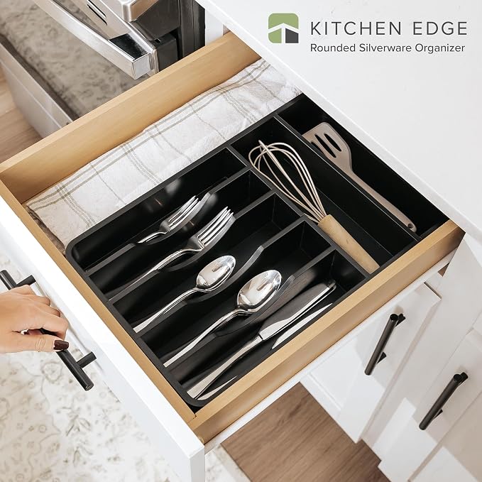 Silverware & Utensil Organizer, Fixed 10.5 in, Black | Cutlery, flatware holder, rounded corners, 7 compartments, non-slip feet, kitchen drawers - Image 2
