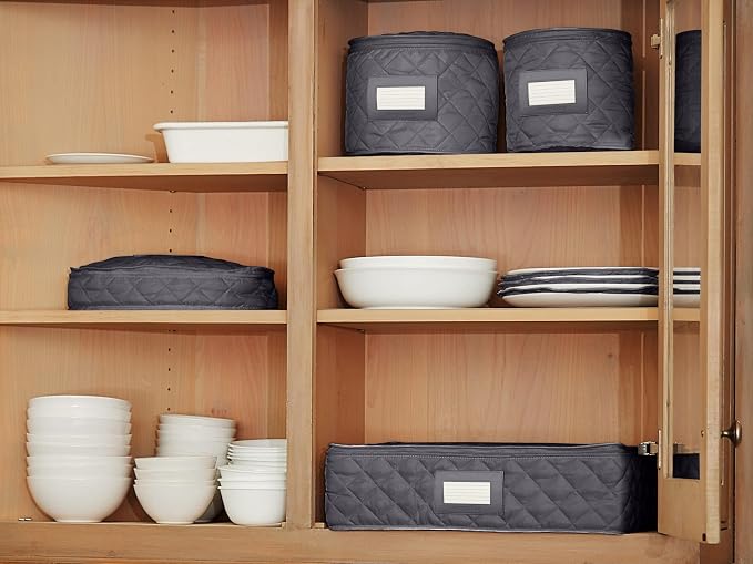 Covermates Keepsakes Dish Storage Set – Padded China & Dinnerware Storage Cases with Dividers, Cup & Stemware Storage, Quilted Polyester Protection, ID Window, Slate - Image 7