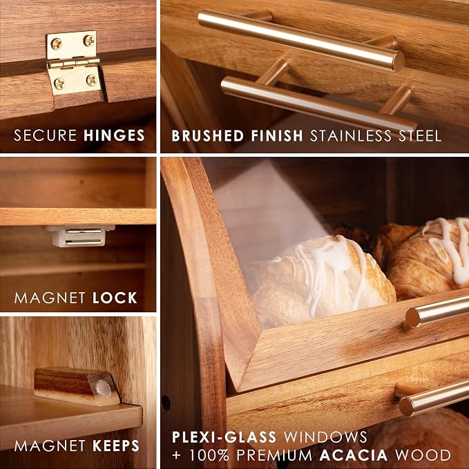 Arise Acacia Wooden Bread Box for Kitchen Countertop, Extra Large 2-Shelf | Bread Storage Container with Clear Windows & Air Vents, Bread Bin & Keeper, Keeps Bagels, Rolls & Buns Fresh, Self Assembly - Image 3