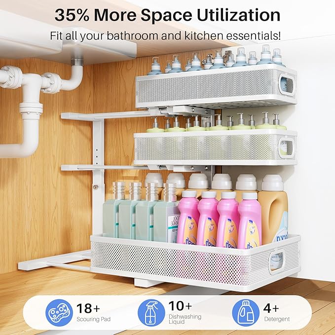 Under Sink Organizer, 3-Tier Thickened Metal Pull out Cabinet Organizer Shelf, Height Adjustable Slide out Storage Drawer Rack for Kitchen Bathroom Pantry Laundry Home Organization, 1-Pack, White | 35% Extra Storage Capacity, Carbon Steel, Hold Up 55lb... - Image 4