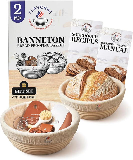 Banneton Bread Proofing Basket with Liners - Natural Rattan Dough Riser, Sourdough Bread Basket, Artisan Bread Loaves, Homemade Bread Making - 2 Pack 9" Round Basket Set by Flavorae