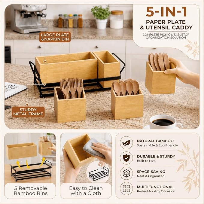 5-in-1 Bamboo Utensil Caddy and Paper Plate Organizer - Wooden Silverware Caddy with Napkin Holder and Portable Handle - Flatware Organizer for Kitchen Countertop, Camper RV, Buffet Party - Image 2
