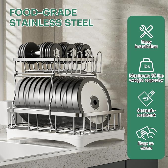 2 Tier Dish Drying Rack,Stainless Steel Dish Rack For Storing Knife Fork Pots&Pans,Dish Drying Rack With Drain Tray For Kitchen Countertops/Sinks,Silver Tiered Dish Rack With Retractable Drain Outlet - Image 3