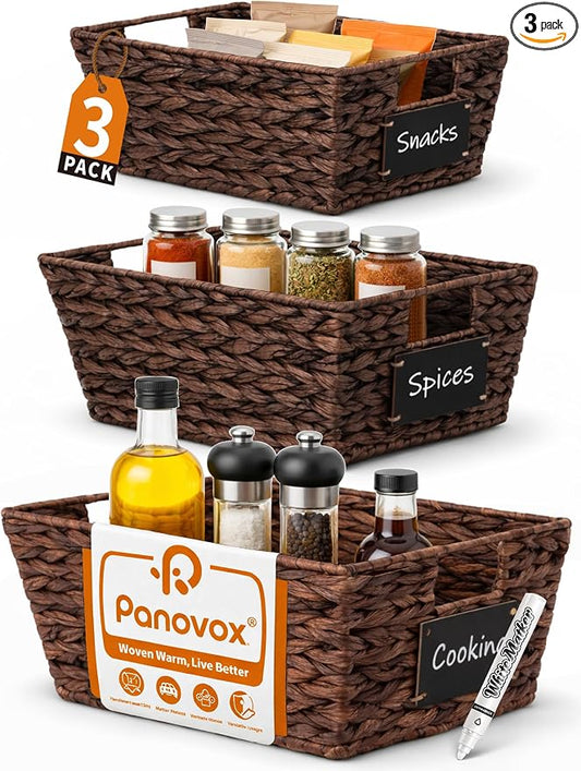Pantry Baskets, 3 Pack Wicker Storage Baskets for Shelves, Brown | Water Hyacinth Baskets for Organizing, 3-Size Pantry Bins with Chalkboard and Marker for Shelf, Snack, Kitchen, Bathroom by Panovox