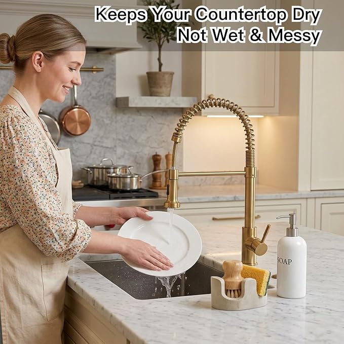 Travertine Sponge Holder for Kitchen Sink, 2-in-1 Sponge & Brush Holder, 2 Slot Natural Stone Sink Caddy for Countertop, Keeps Countertops Dry, Non-Slip Base, Elegant Kitchen Decor, Beige - Image 7
