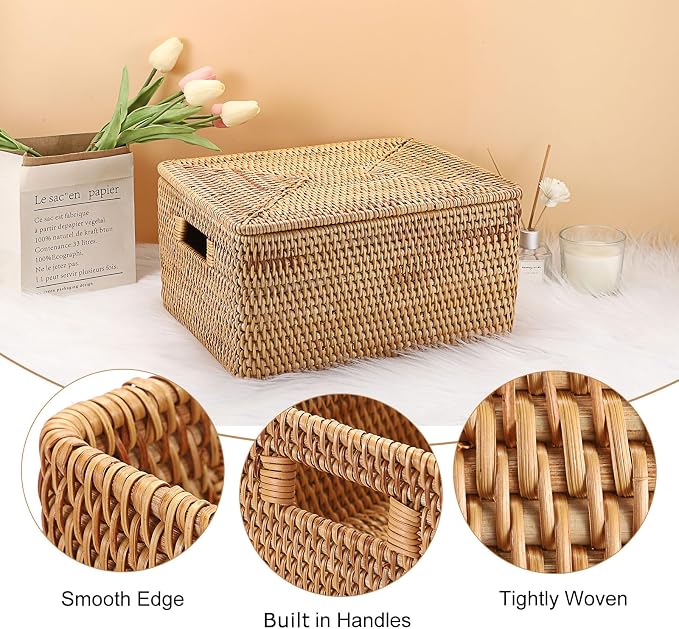 Hipiwe Wicker Storage Bin with Lid & Handle Handwoven Rattan Shelf Baskets | Rectangular Decorative Baskets Box Household Basket Boxes for Home Organizing,13.2"Lx10.2"Wx6.7"H - Image 4