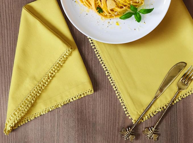 Bedding Craft Cotton Cloth Dinner Napkins Set of 12 – 18x18 Yellow with Decorative Lace Selvedge – Durable Machine Washable Fabric Napkins for Weddings, Baby Showers, Parties & Dining - Image 6