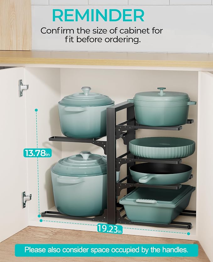 Pots and Pans Organizer Under Cabinet 13.8", 6-Tier Adjustable Rack | 2 DIY Modes, Tool-Free Assembly, Max 90 Lbs, Fits Cast Iron Pans, Dutch Ovens & Heavy Cookware, For Kitchen Cabinets - Image 2
