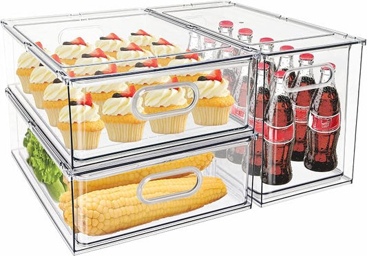 Mano 3PackFridge Drawer Pull Out Stackable Bins with Handle Clear Refrigerator Drawers Organizer Food Storage Container Box with Dividers Plastic Produce Saver for Pantry, Cabinet, Kitchen（2L+1XL） by MANO