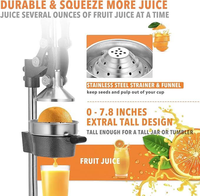 19 Inch Height Extra Tall Commercial Heavy Duty Cast Iron Hand Press Manual Orange Citrus Lemon Lime Grapefruit Pomegranate Fruit Juice Squeezer Machine with Stainless Steel Cup Grey - Image 5