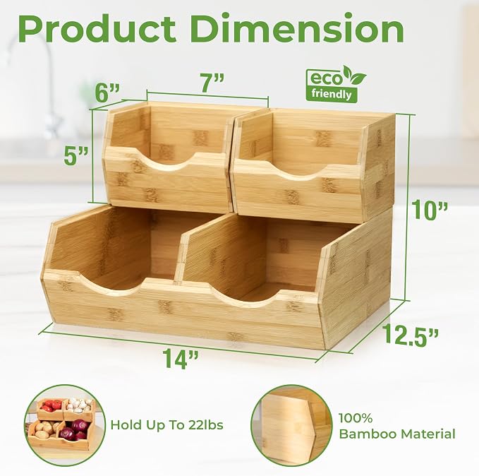 HOMESTEAD Bamboo Pantry Storage Bins – Stackable Potato & Onion Storage Bin for Kitchen Countertop, Pantry Organizer, Fruit Vegetable Basket, Multiuse - Set of 3 Slide-Out Access - Image 3