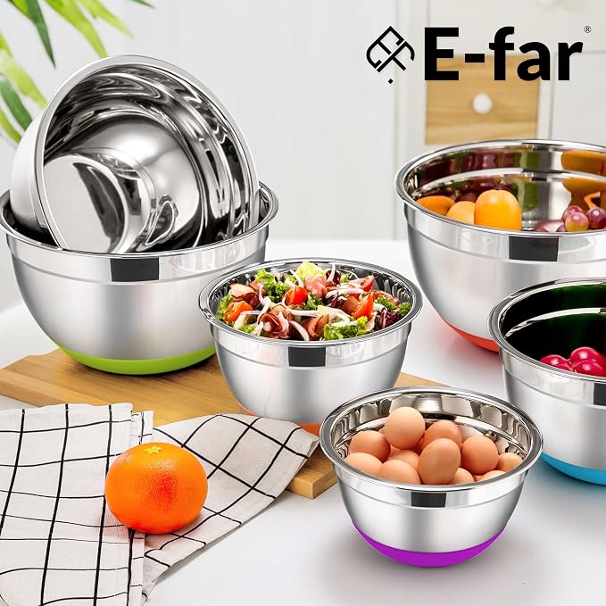E-far Stainless Steel Mixing Bowls with Lids Set, 5-Piece Nesting Salad Bowls with 3 Grater Attachments and Non-Slip Bottoms, Size 4.6, 2.6, 2, 1.5, 1QT for Kitchen (Colorful) - Image 8