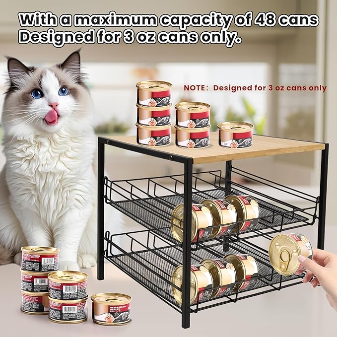 Bamboo & Iron Cat Food Organizer, 2-Tier Stackable Rack Holds 48 Cans 3oz | FIFO auto slide-down,Flat top storage, Organizes pantry & pet food cans - Image 6