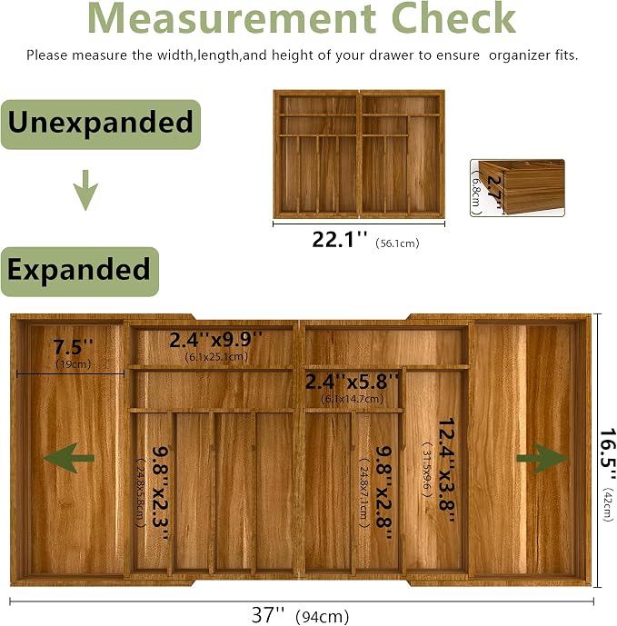 Suli Extra Large Silverware Drawer Organizer,Expandable 22in to 37in,Acacia - Image 2