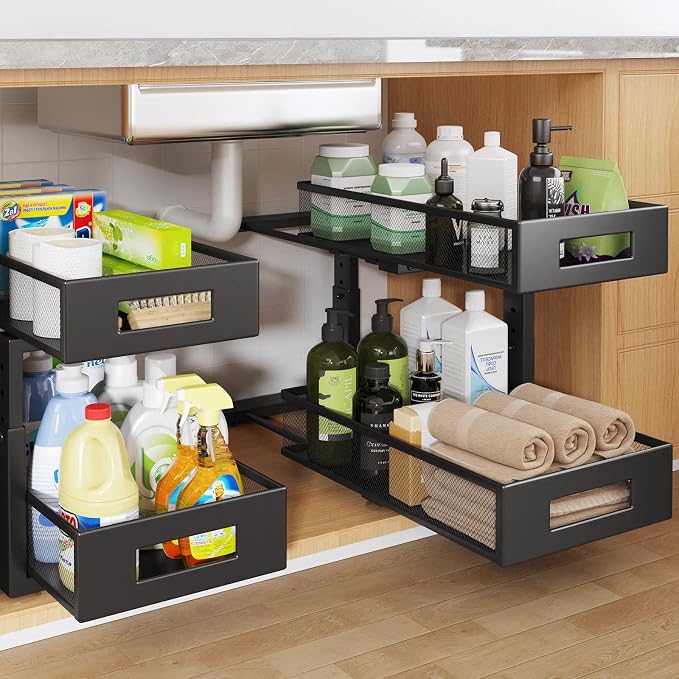 2 Packs 17IN Depth Under Sink Organizer, 2-Tier Pull Out Cabinet Organizer With Smooth Circular Rail, Large Capacity Metal Mesh Sliding Drawers For Bathroom& Kitchen Storage,Height Adjustable –Black by UnderSinkOrganizer