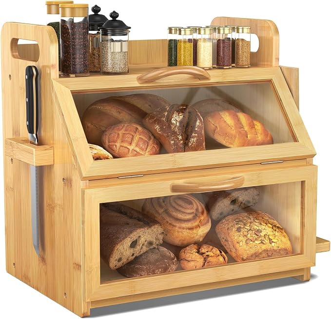 BAMBANG Bread Box for Kitchen Countertop, Extra Large Double Layer Bamboo Breadbox with Clear Window, Farmhouse Wooden Bread Storage Container for Homemade Bread, Knife & Cutting Board Holder, Natural by BAMBANG